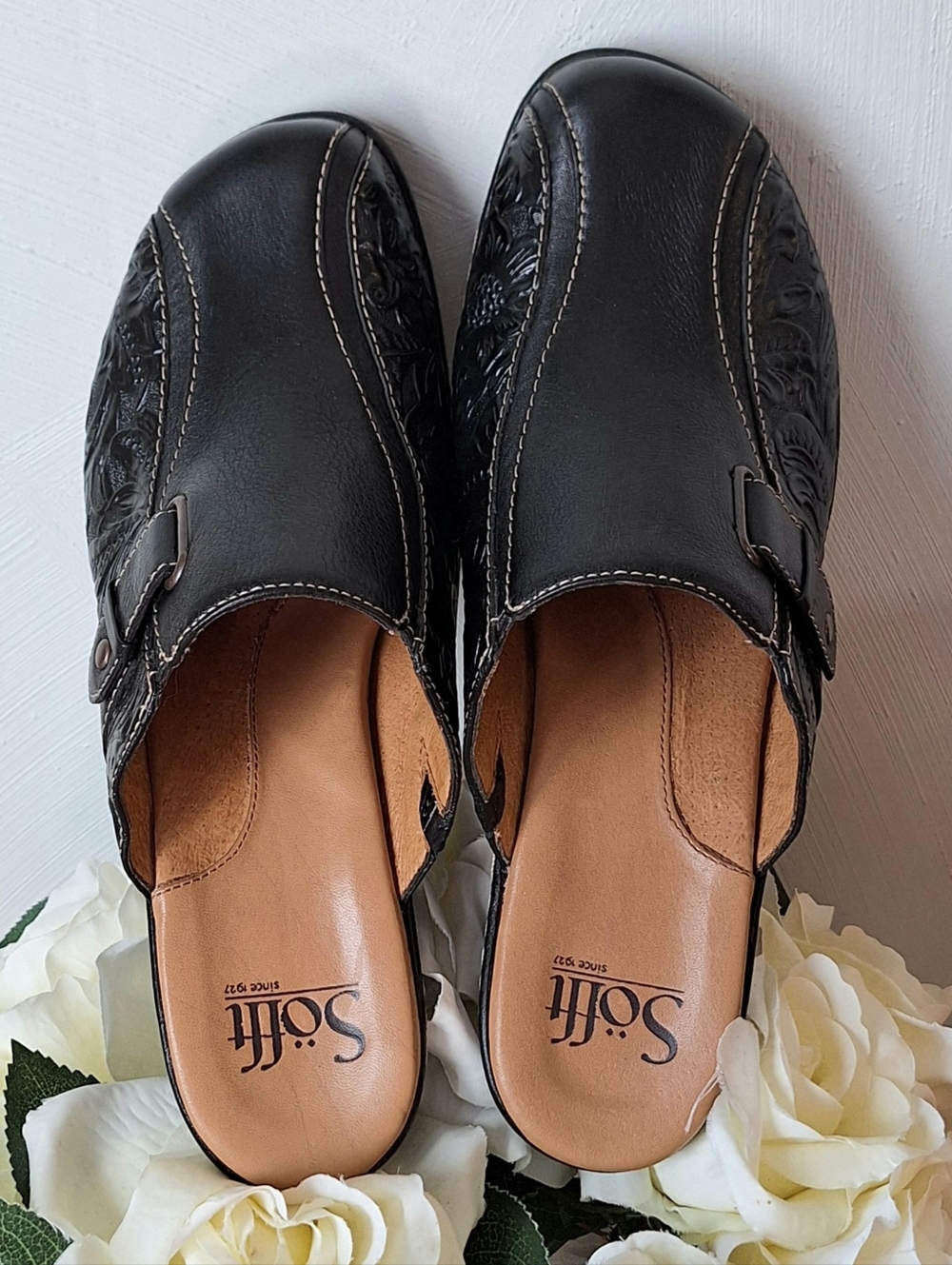 Sofft Floral Embossed Leather Mules, Size 8